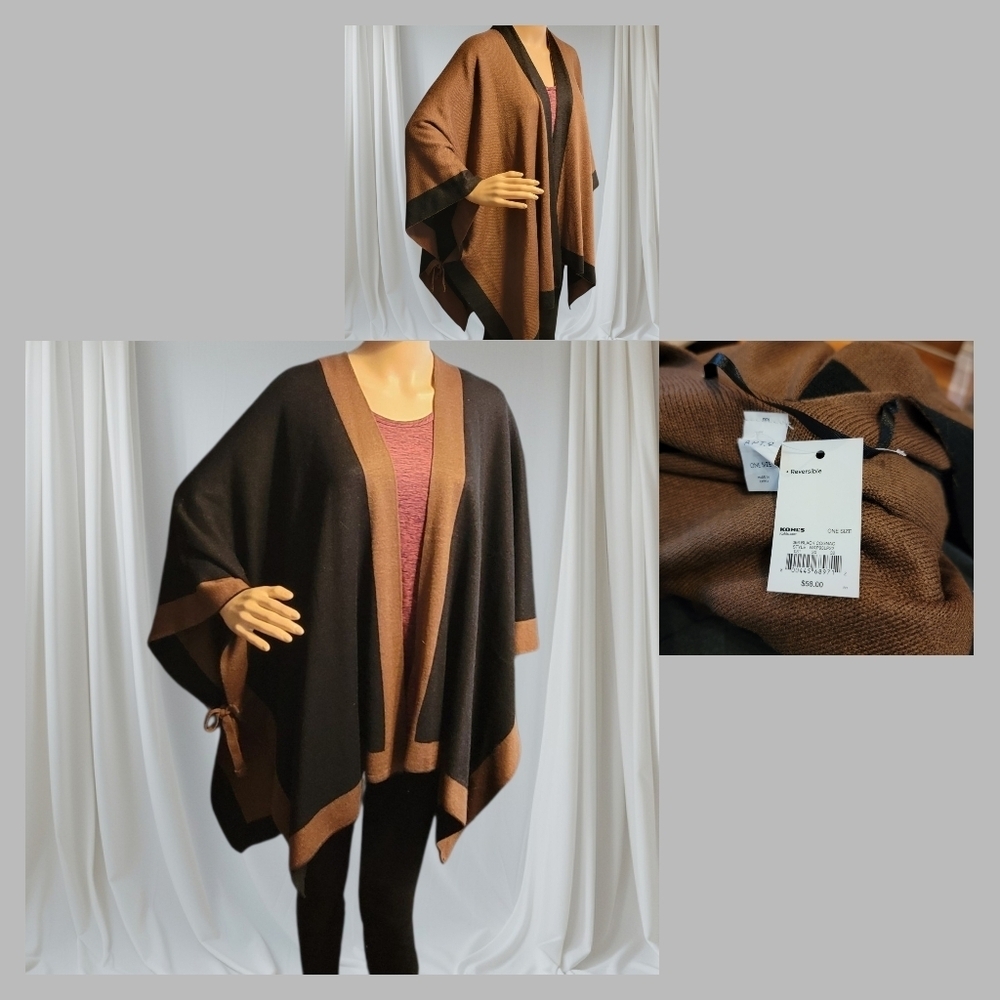 NWT Women's Knit Poncho Cape Wrap shrug Black Cognac Brown reversable T57